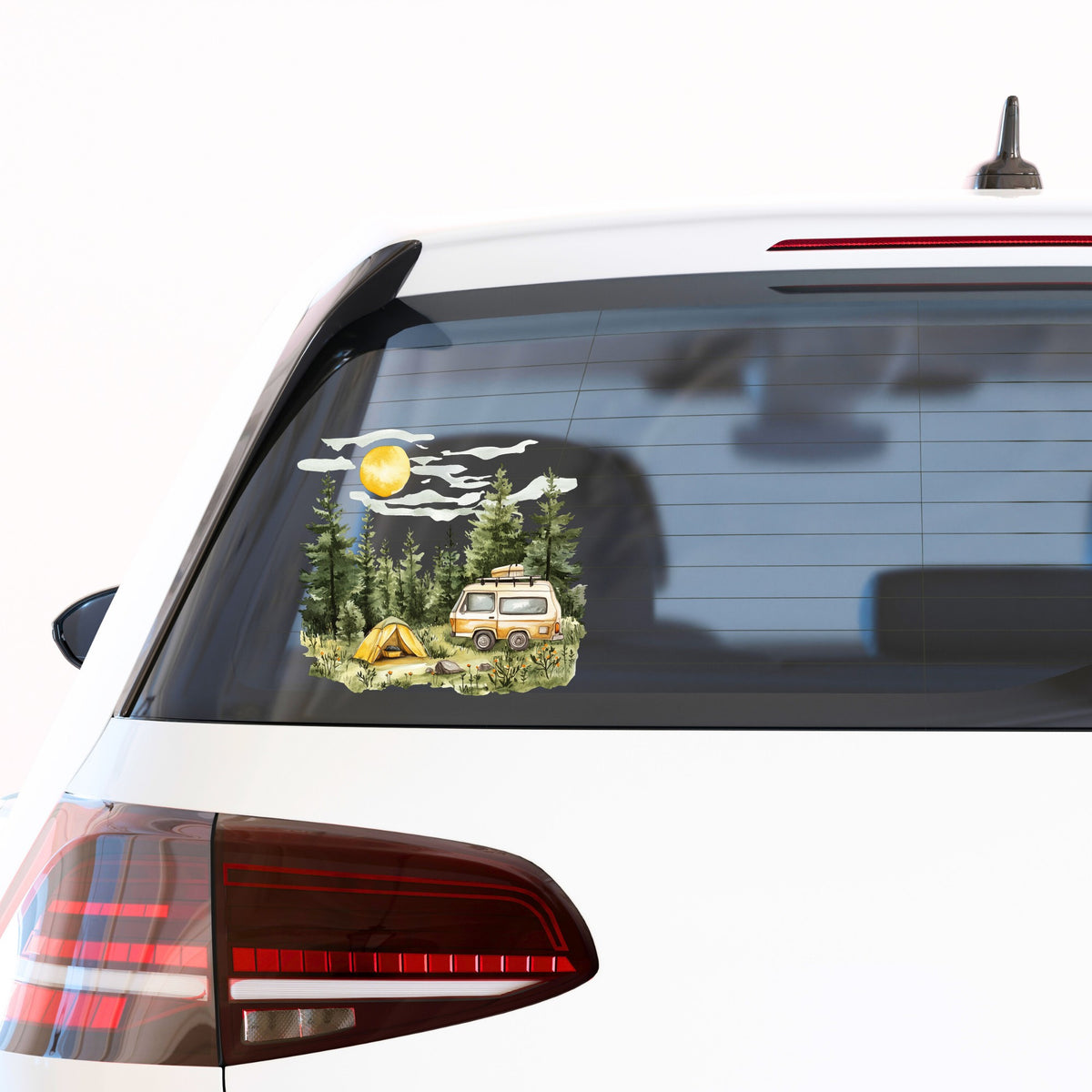 Camper Van And Tent UV DTF sticker applied to a car window