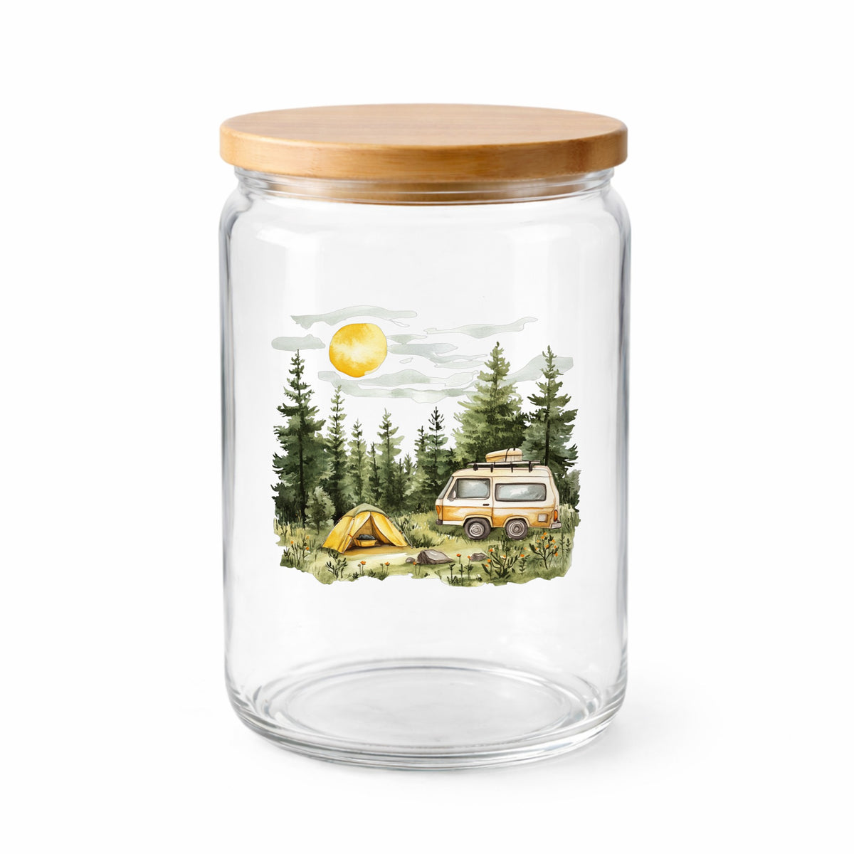 Camper Van And Tent UV DTF sticker applied to a clear glass jar with lid