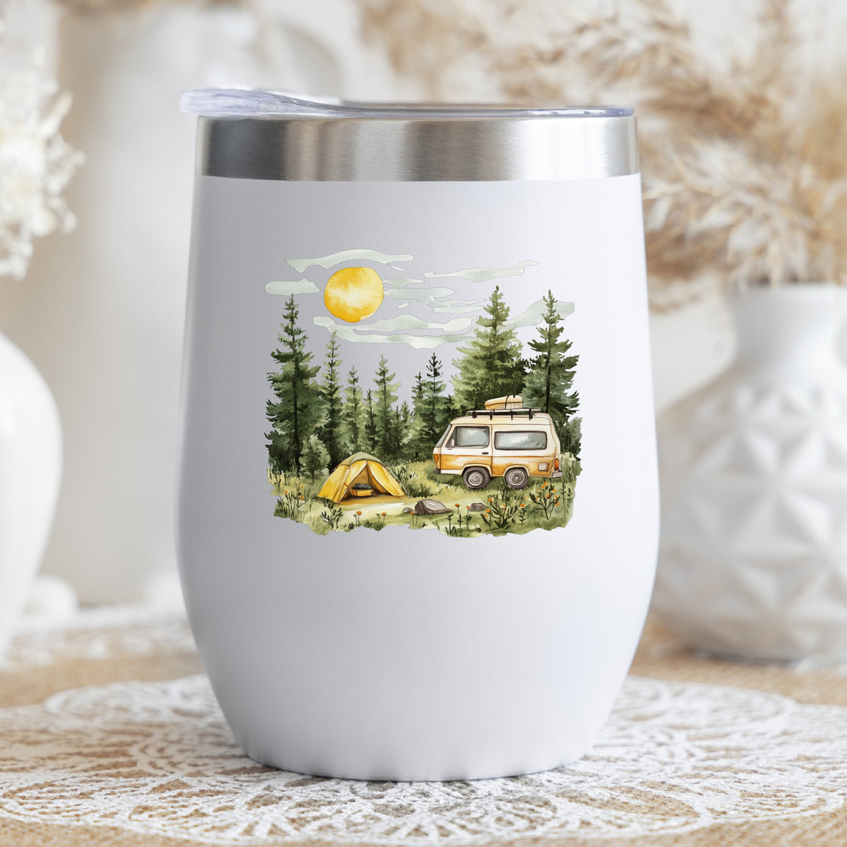 Camper Van And Tent UV DTF sticker applied to a stemless wine glass