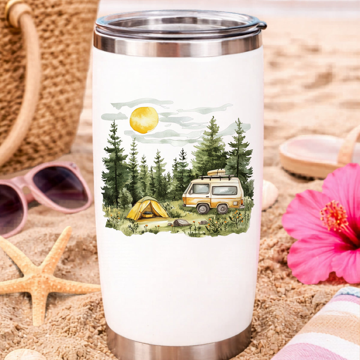 Camper Van And Tent UV DTF sticker applied to a water bottle at the beach