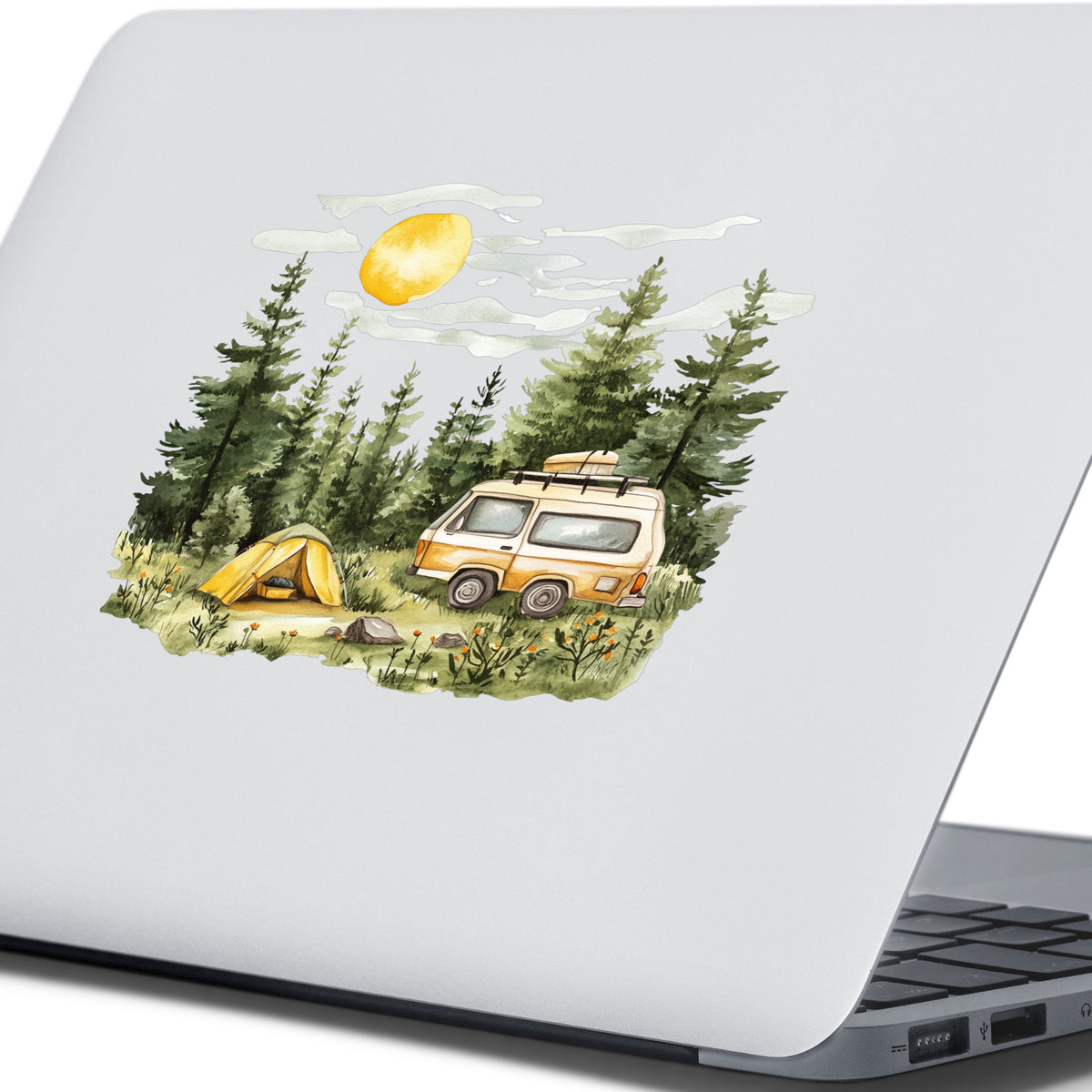 Camper Van And Tent UV DTF sticker applied to a laptop