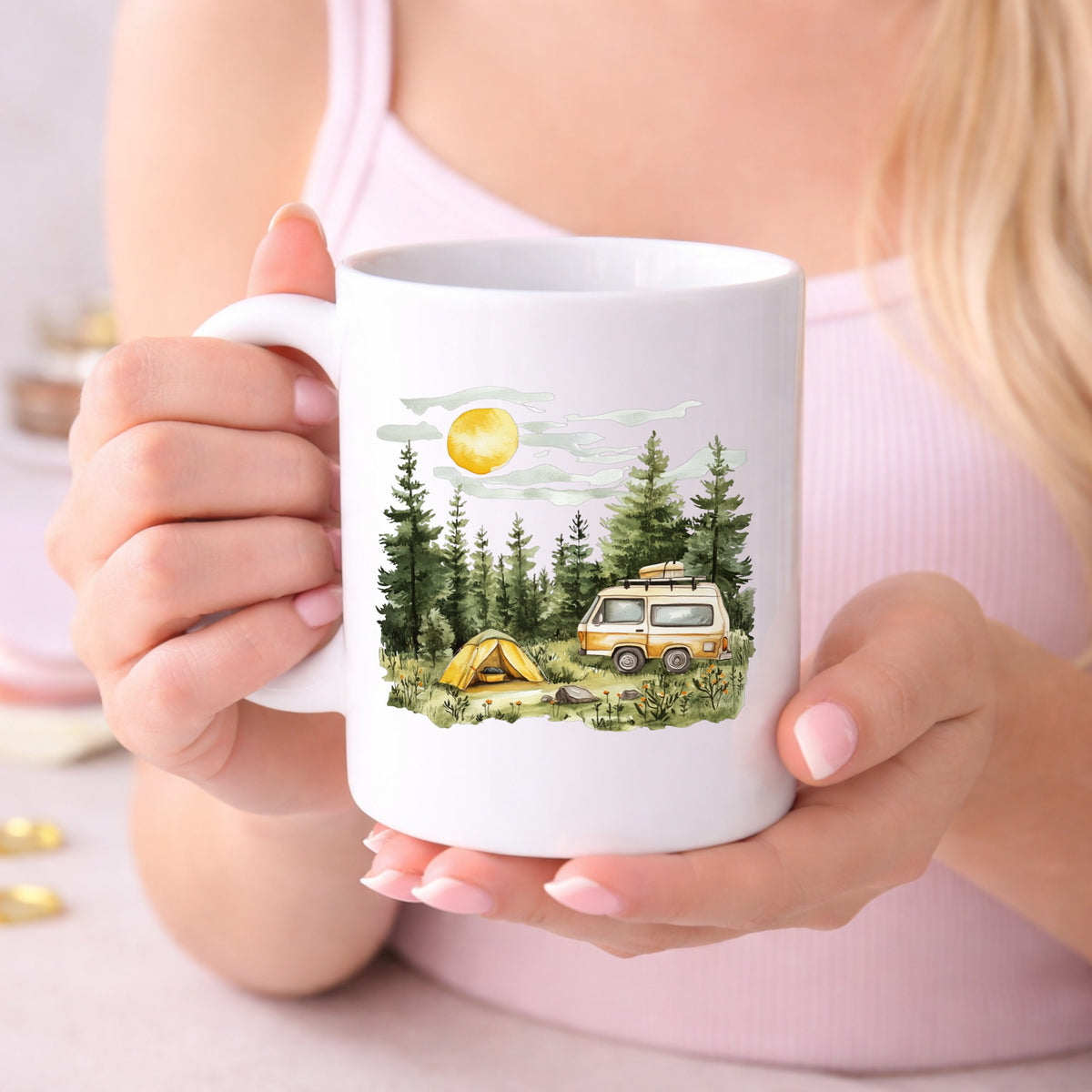 Camper Van And Tent UV DTF sticker displayed on a white coffee mug