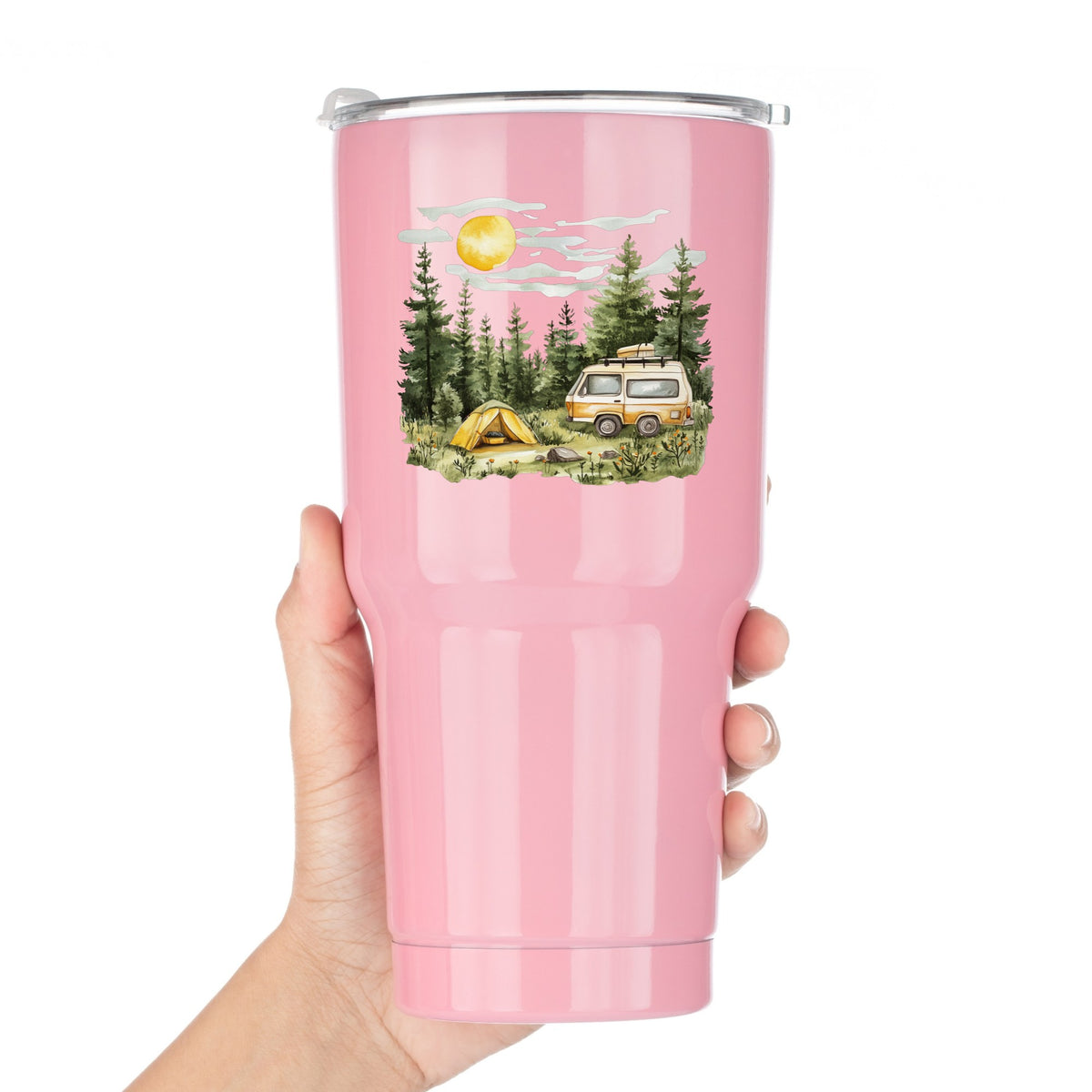 Camper Van And Tent UV DTF sticker applied to a pink tumbler