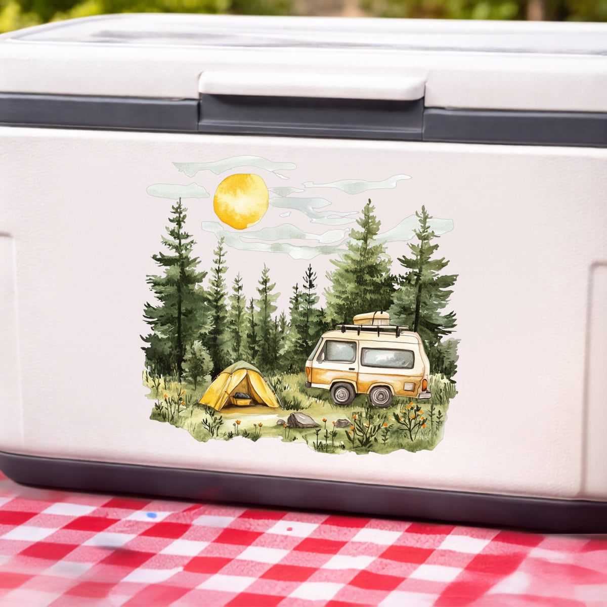 Camper Van And Tent UV DTF sticker applied to a white cooler
