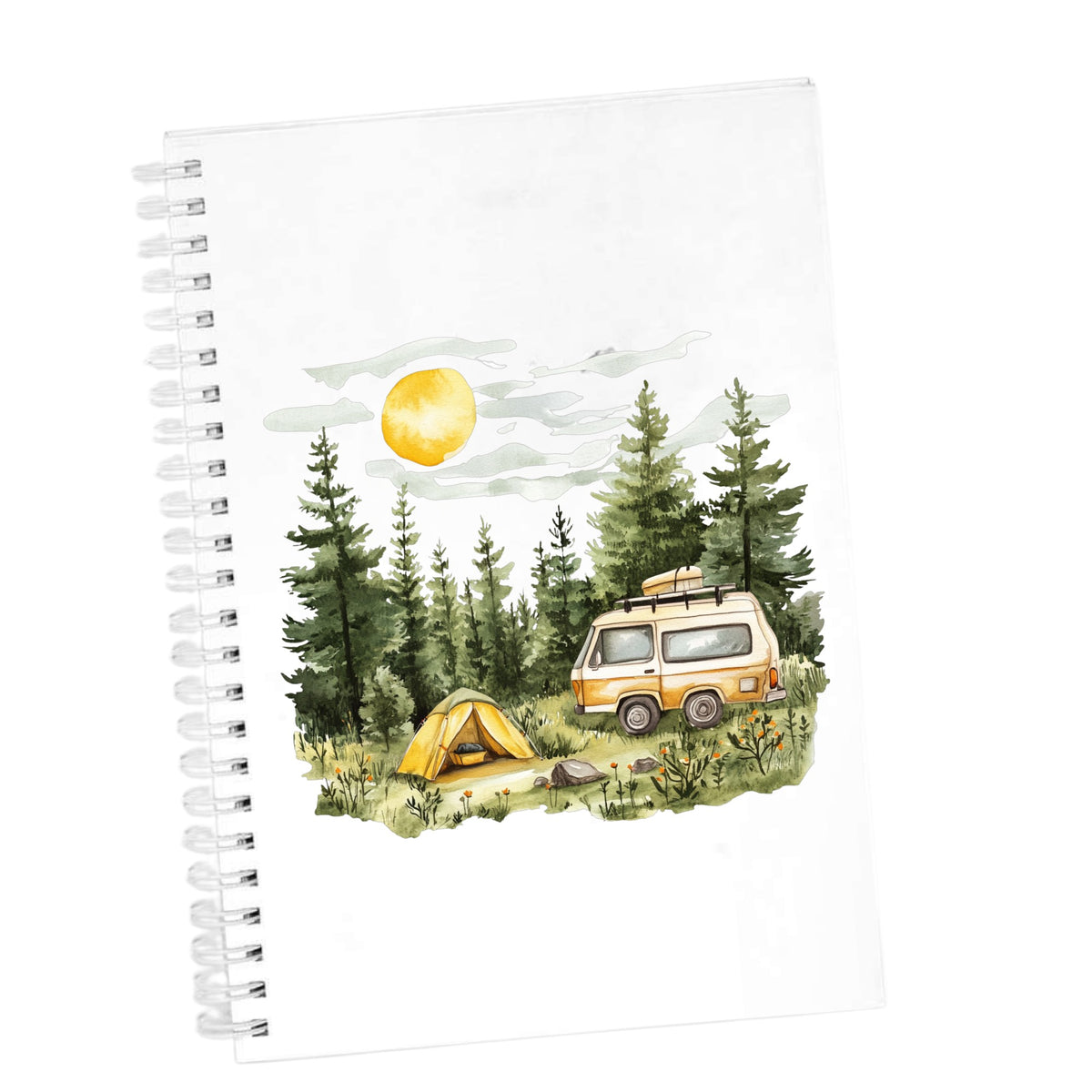 Camper Van And Tent UV DTF sticker applied to a white journal