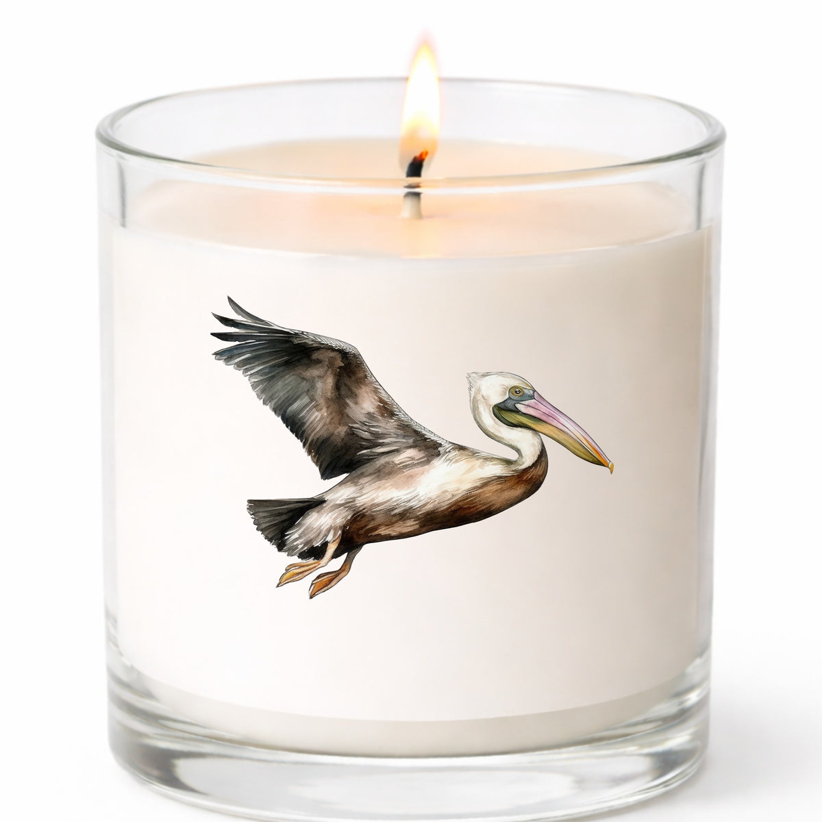 Flying Brown Pelican UV DTF sticker applied to a candle jar