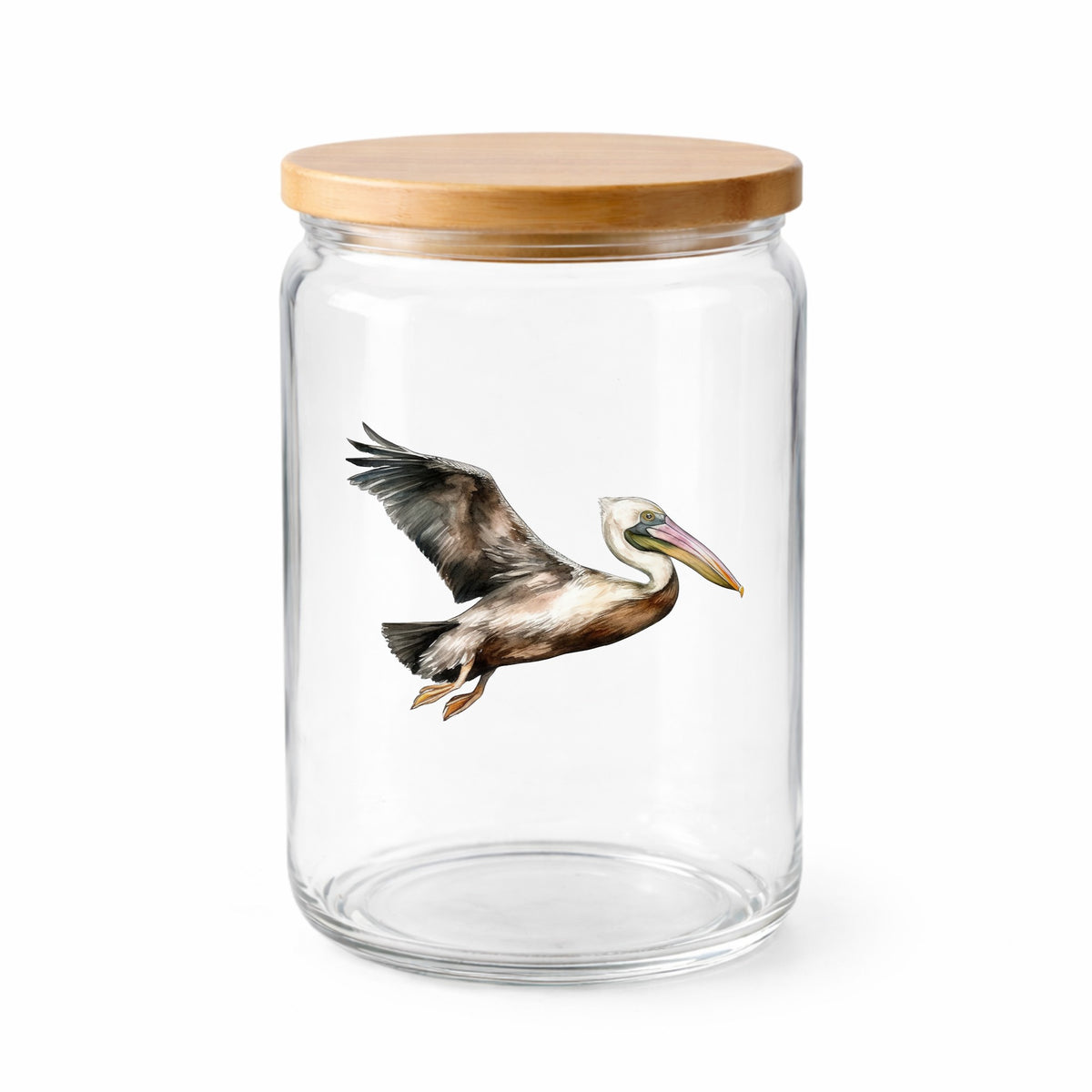 Flying Brown Pelican UV DTF sticker applied to a clear glass jar with lid