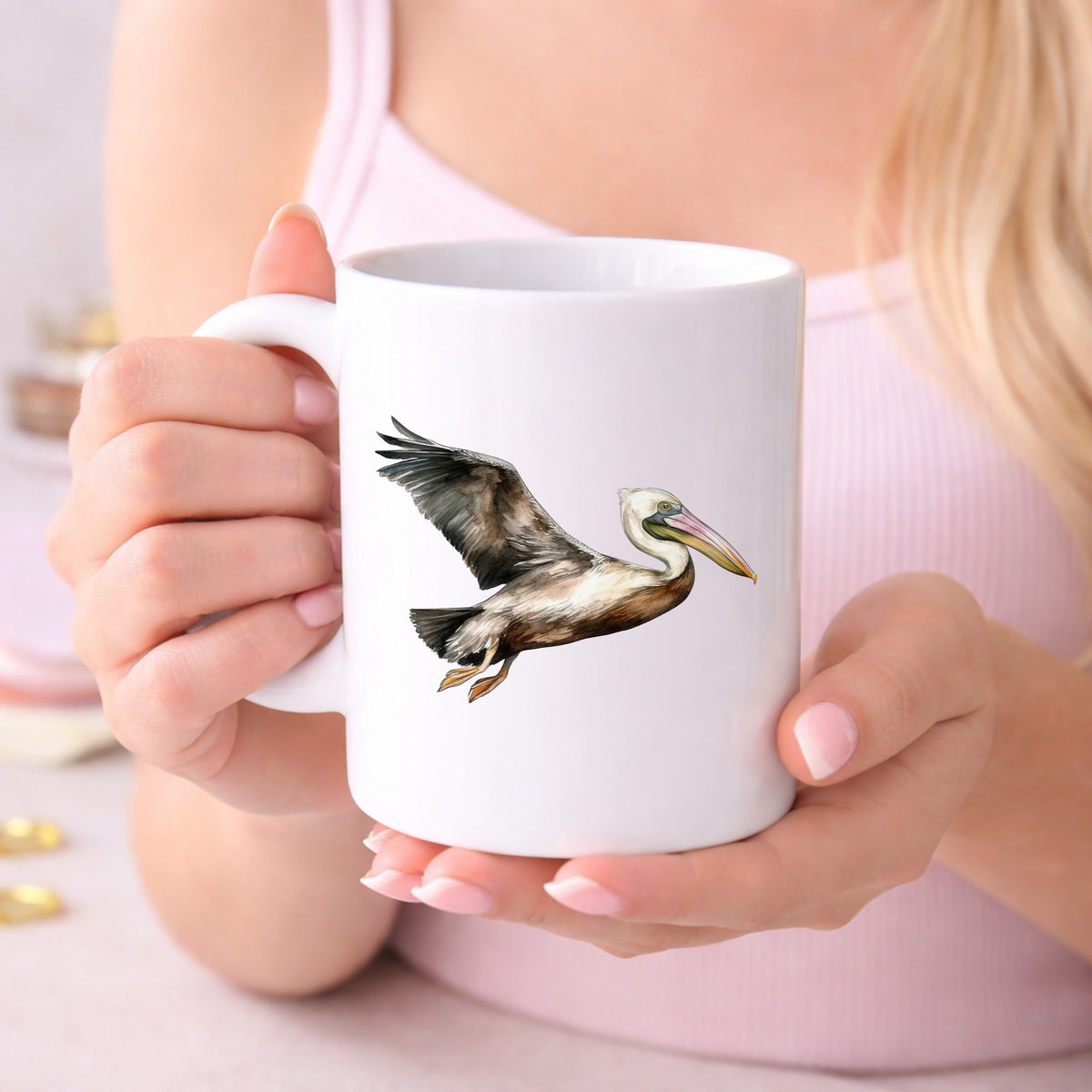 Flying Brown Pelican UV DTF sticker displayed on a white coffee mug
