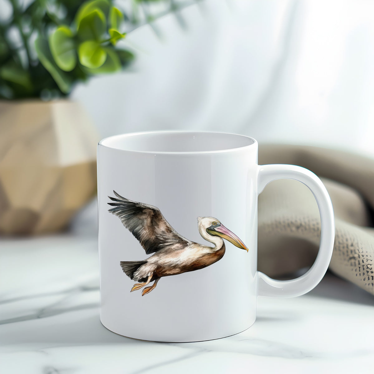 Flying Brown Pelican UV DTF sticker applied to a white coffee mug