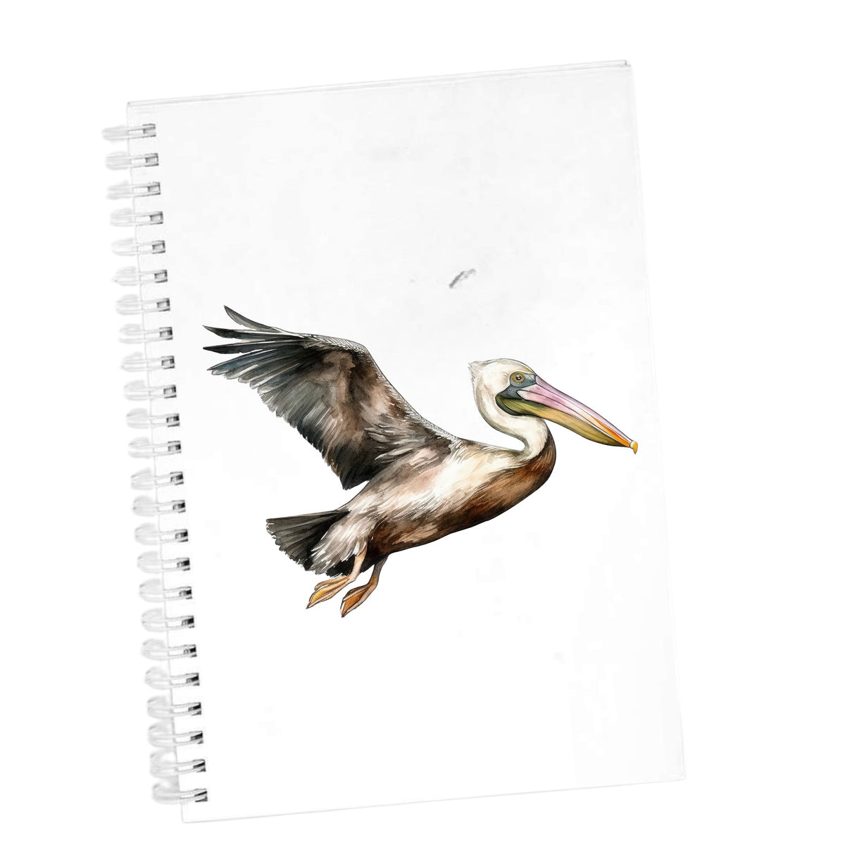 Flying Brown Pelican UV DTF sticker applied to a white journal