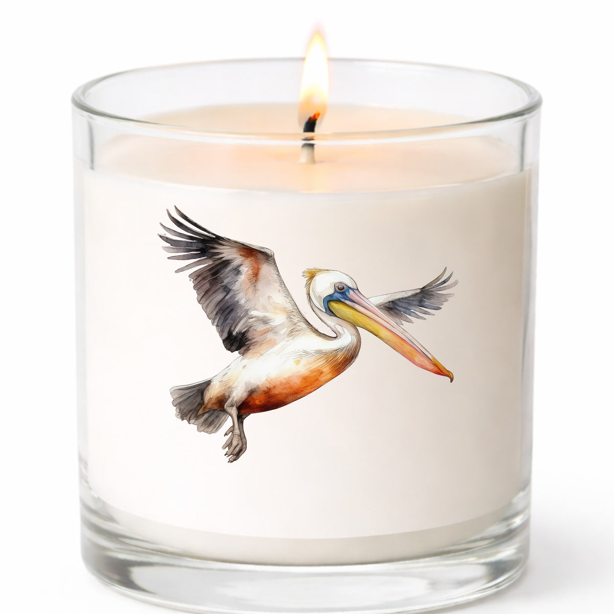 Pelican With Wings Spread UV DTF sticker applied to a candle jar