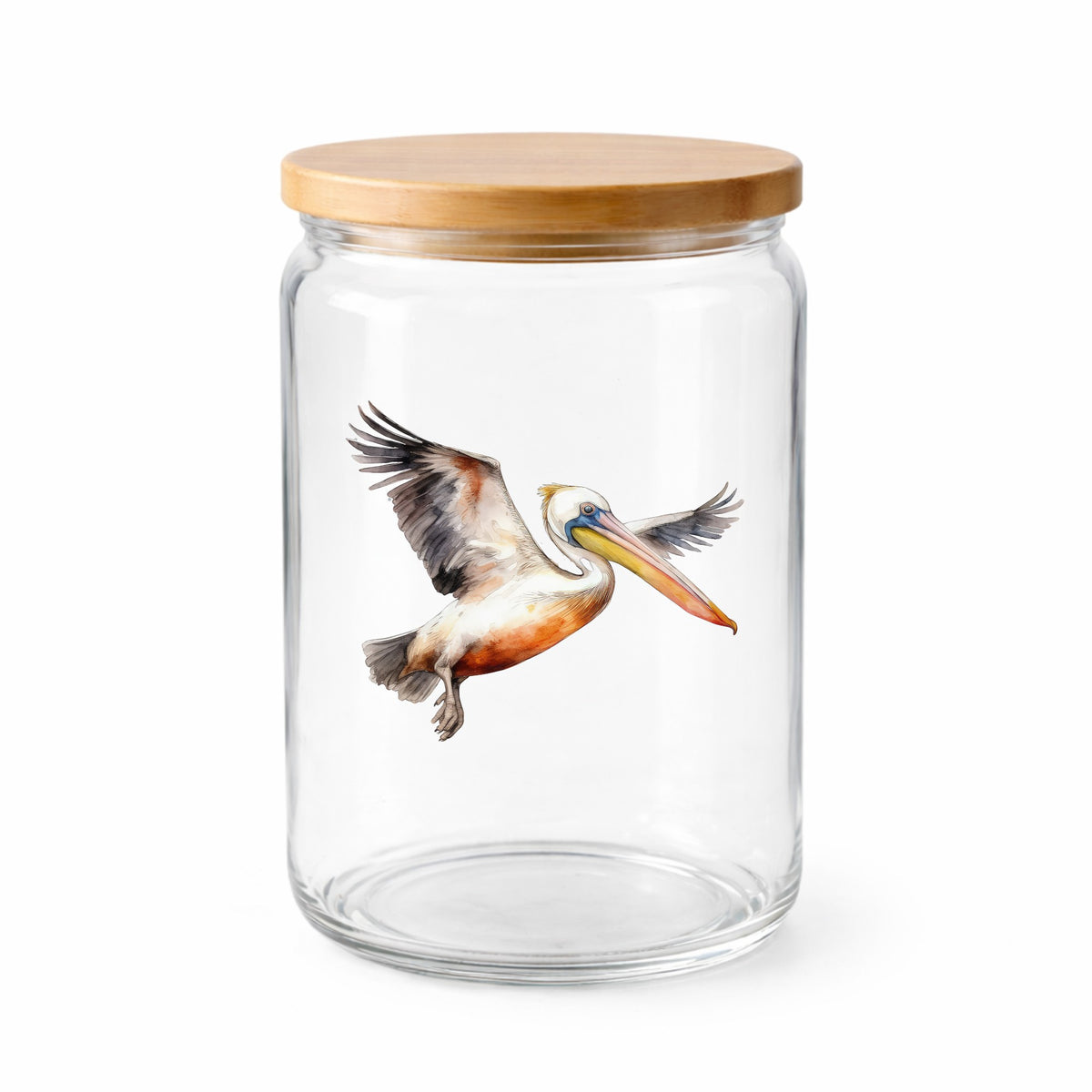 Pelican With Wings Spread UV DTF sticker applied to a clear glass jar with lid