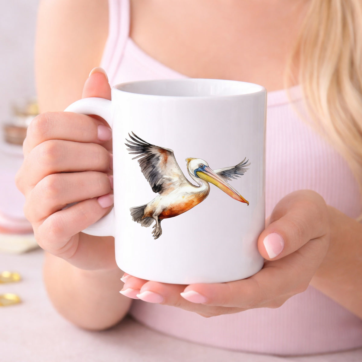 Pelican With Wings Spread UV DTF sticker displayed on a white coffee mug