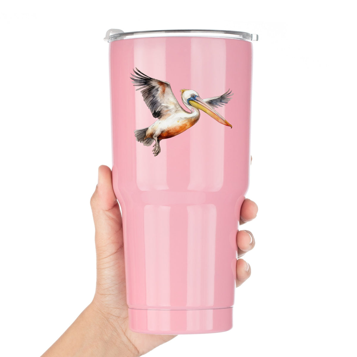 Pelican With Wings Spread UV DTF sticker applied to a pink tumbler