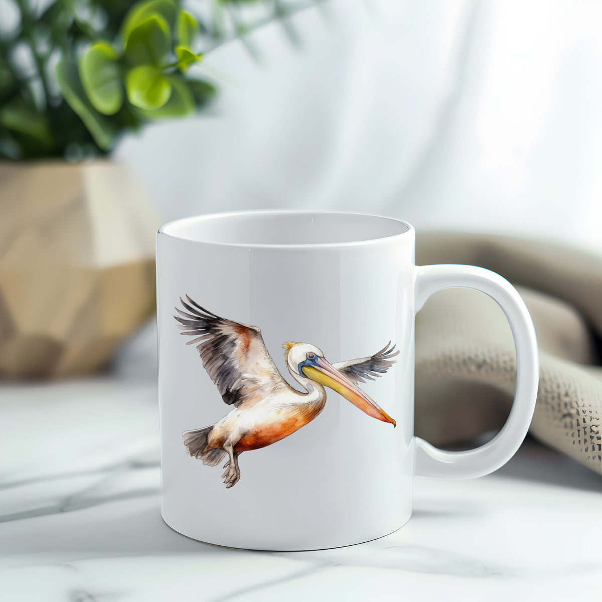 Pelican With Wings Spread UV DTF sticker applied to a white coffee mug