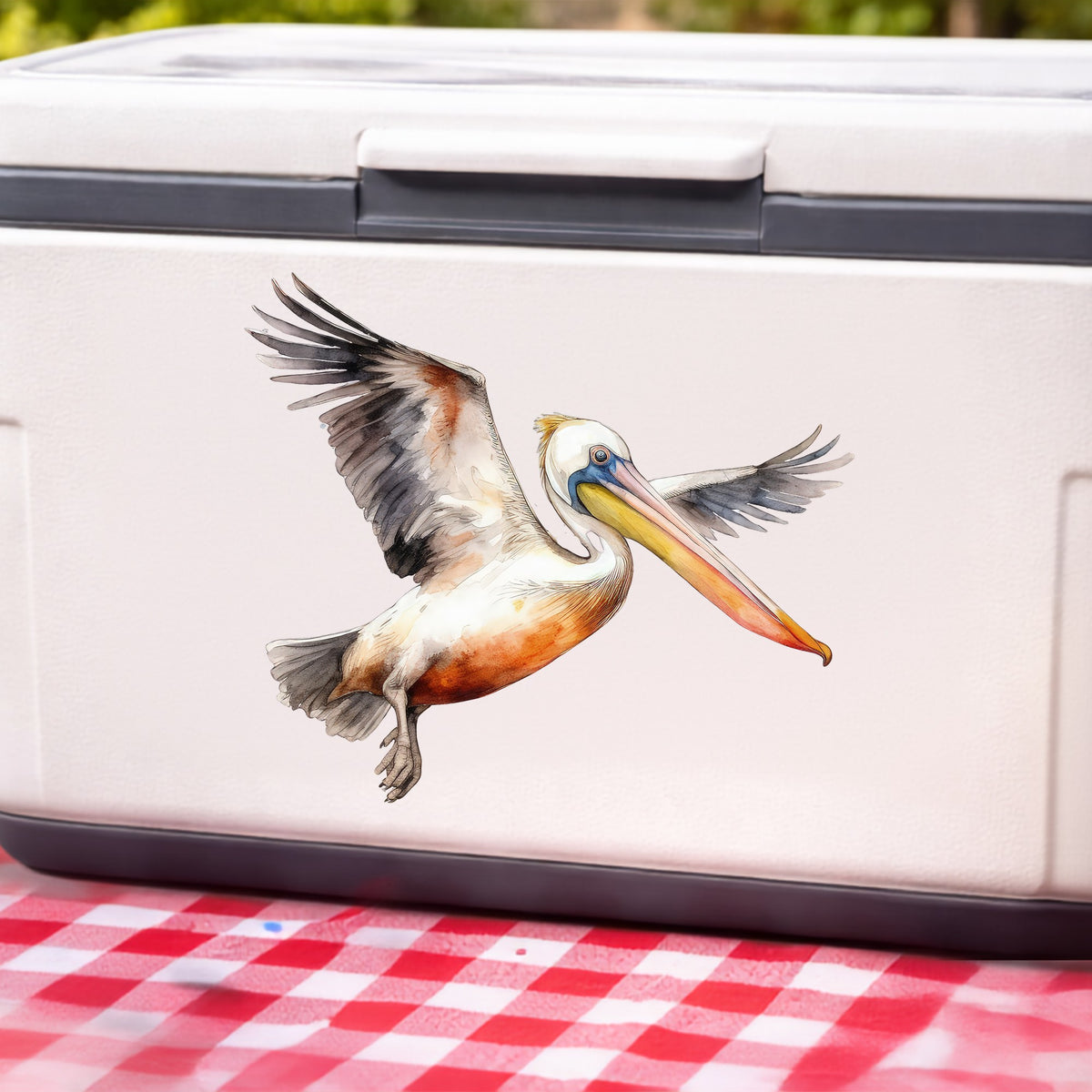 Pelican With Wings Spread UV DTF sticker applied to a white cooler