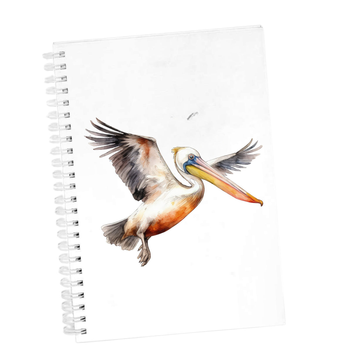 Pelican With Wings Spread UV DTF sticker applied to a white journal