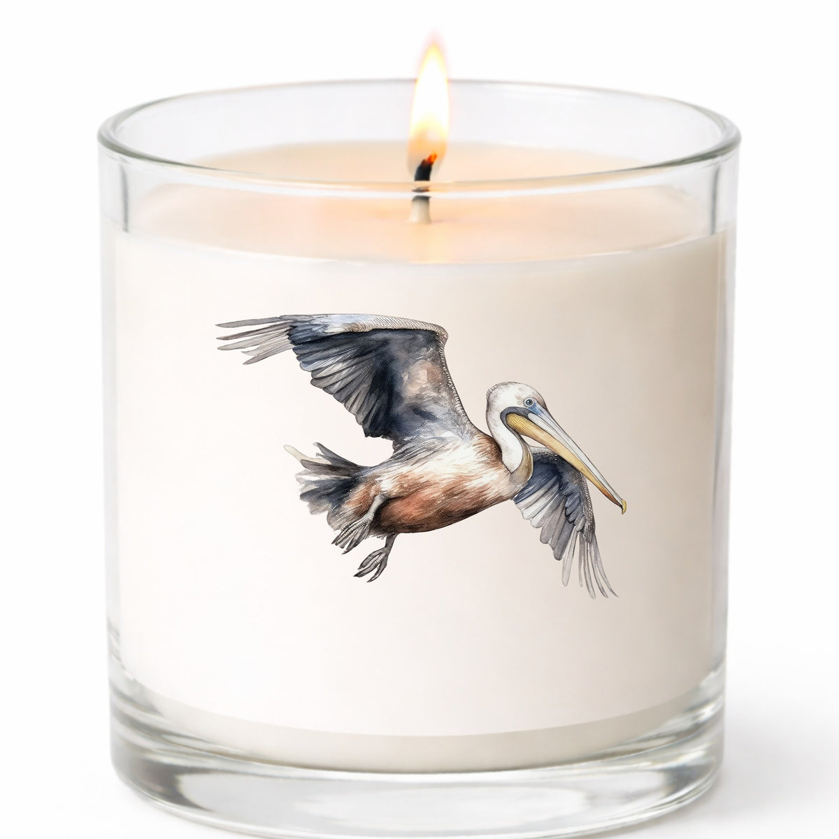 Gliding Gray Pelican UV DTF sticker applied to a candle jar