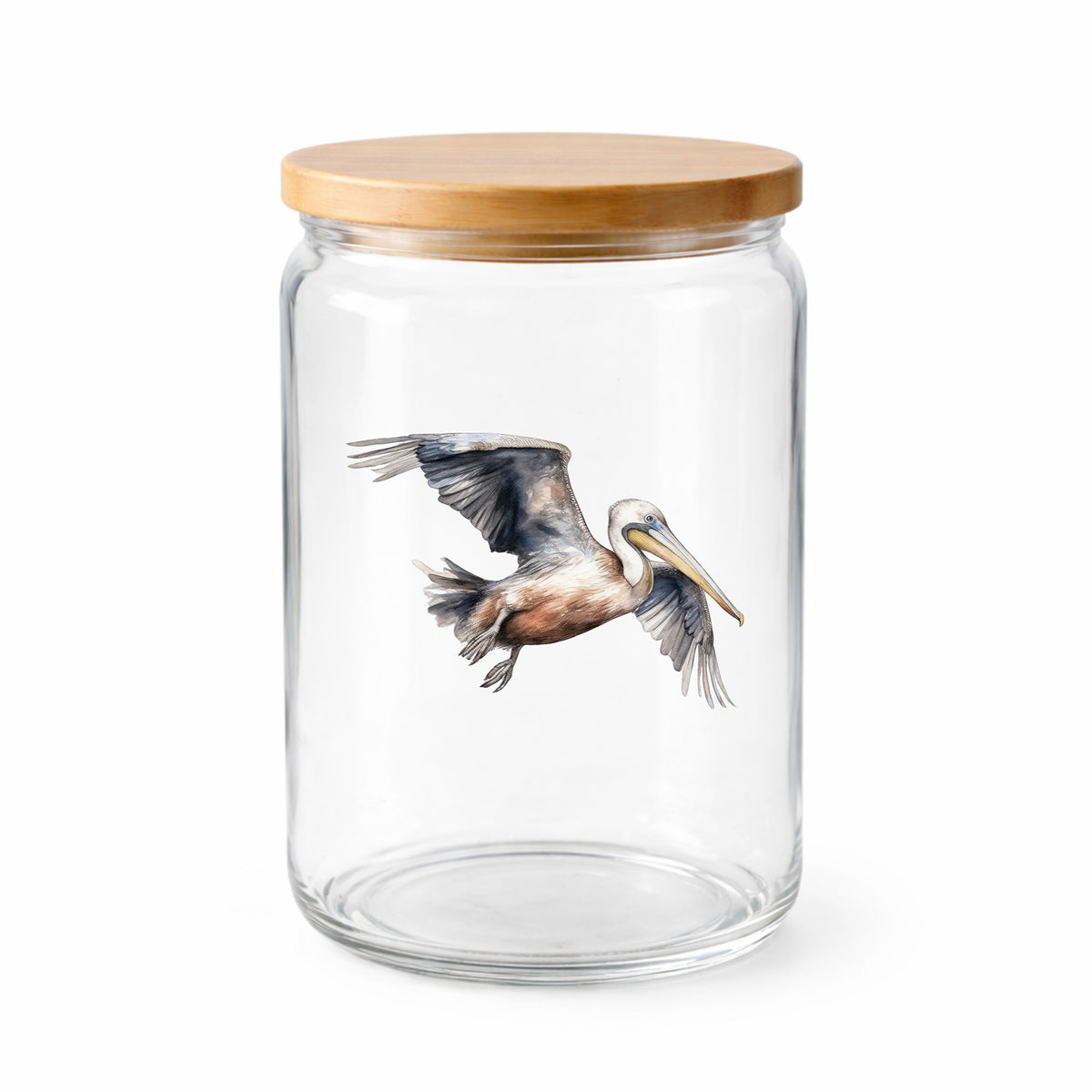 Gliding Gray Pelican UV DTF sticker applied to a clear glass jar with lid