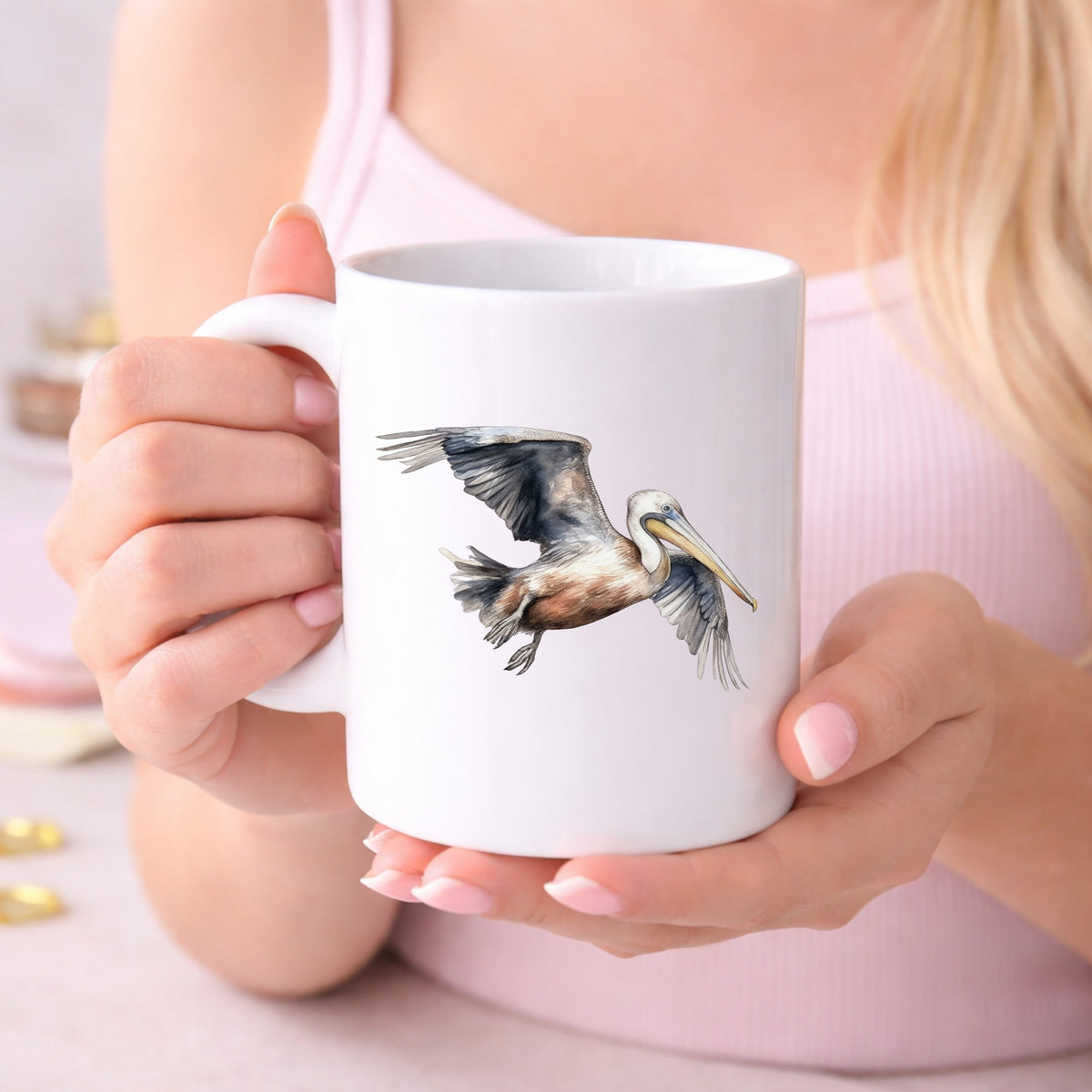 Gliding Gray Pelican UV DTF sticker displayed on a white coffee mug