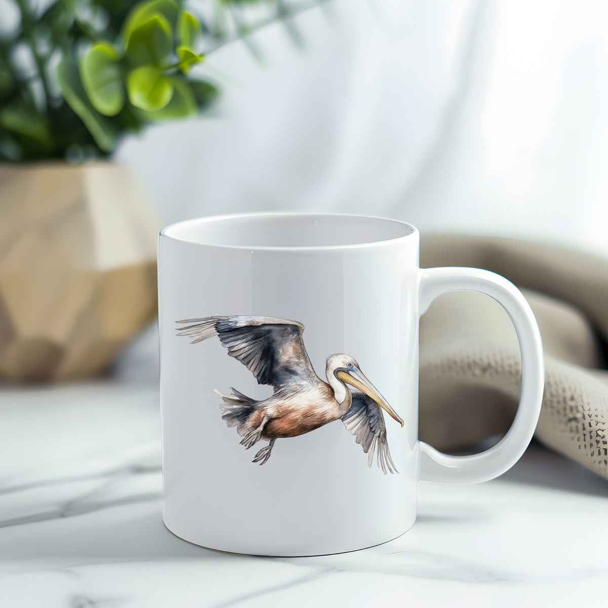 Gliding Gray Pelican UV DTF sticker applied to a white coffee mug