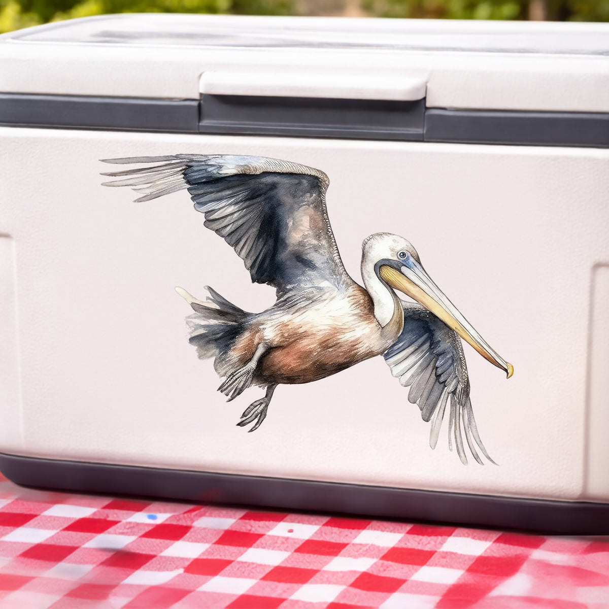 Gliding Gray Pelican UV DTF sticker applied to a white cooler