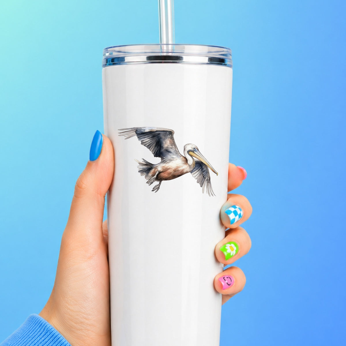 Gliding Gray Pelican UV DTF sticker applied to a white tumbler