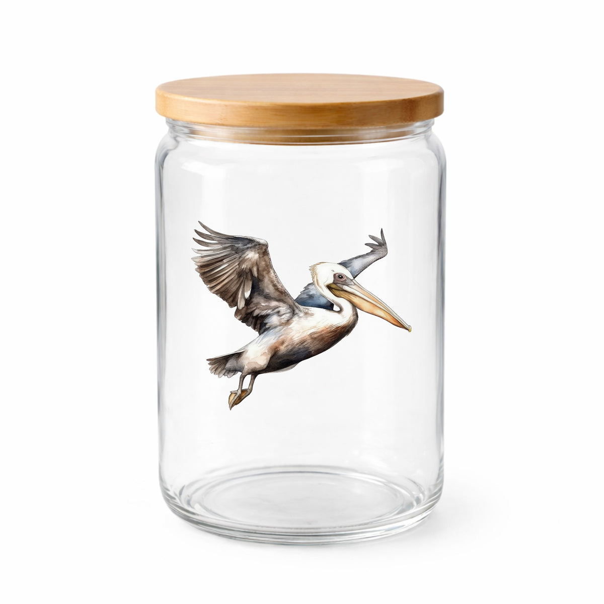 Landing Pelican UV DTF sticker applied to a clear glass jar with lid