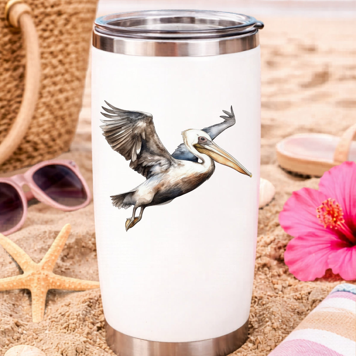 Landing Pelican UV DTF sticker applied to a water bottle at the beach