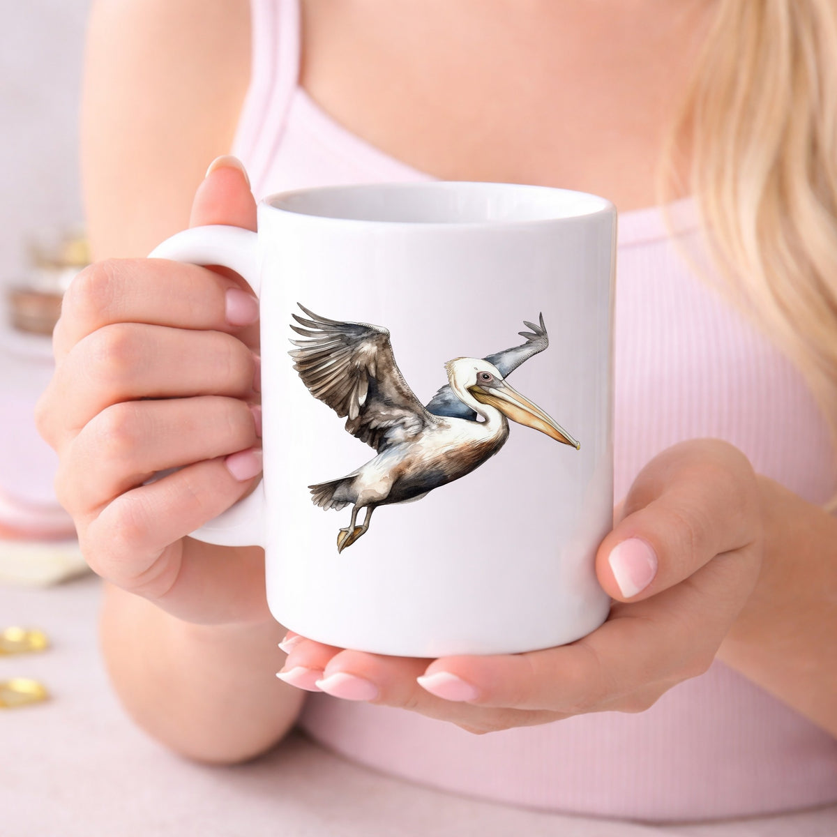 Landing Pelican UV DTF sticker displayed on a white coffee mug