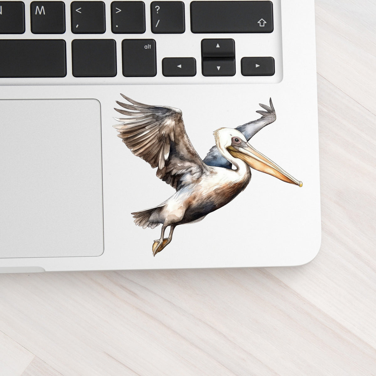 Landing Pelican UV DTF sticker applied to a laptop beside the keyboard