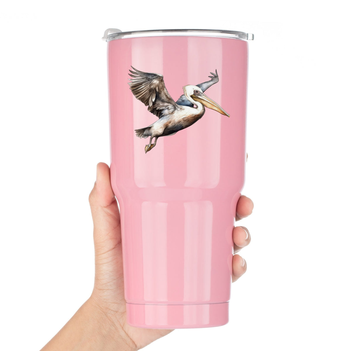 Landing Pelican UV DTF sticker applied to a pink tumbler