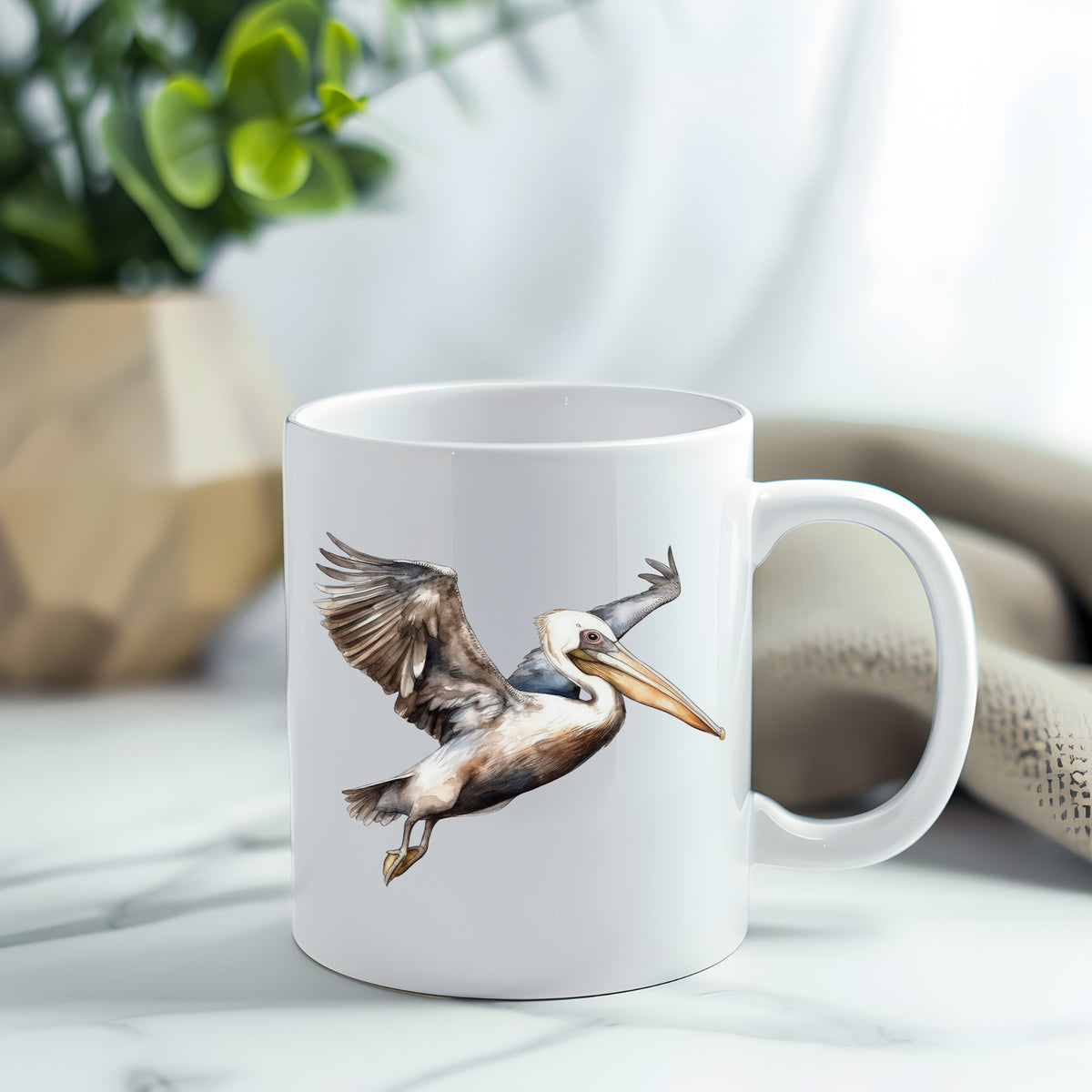 Landing Pelican UV DTF sticker applied to a white coffee mug
