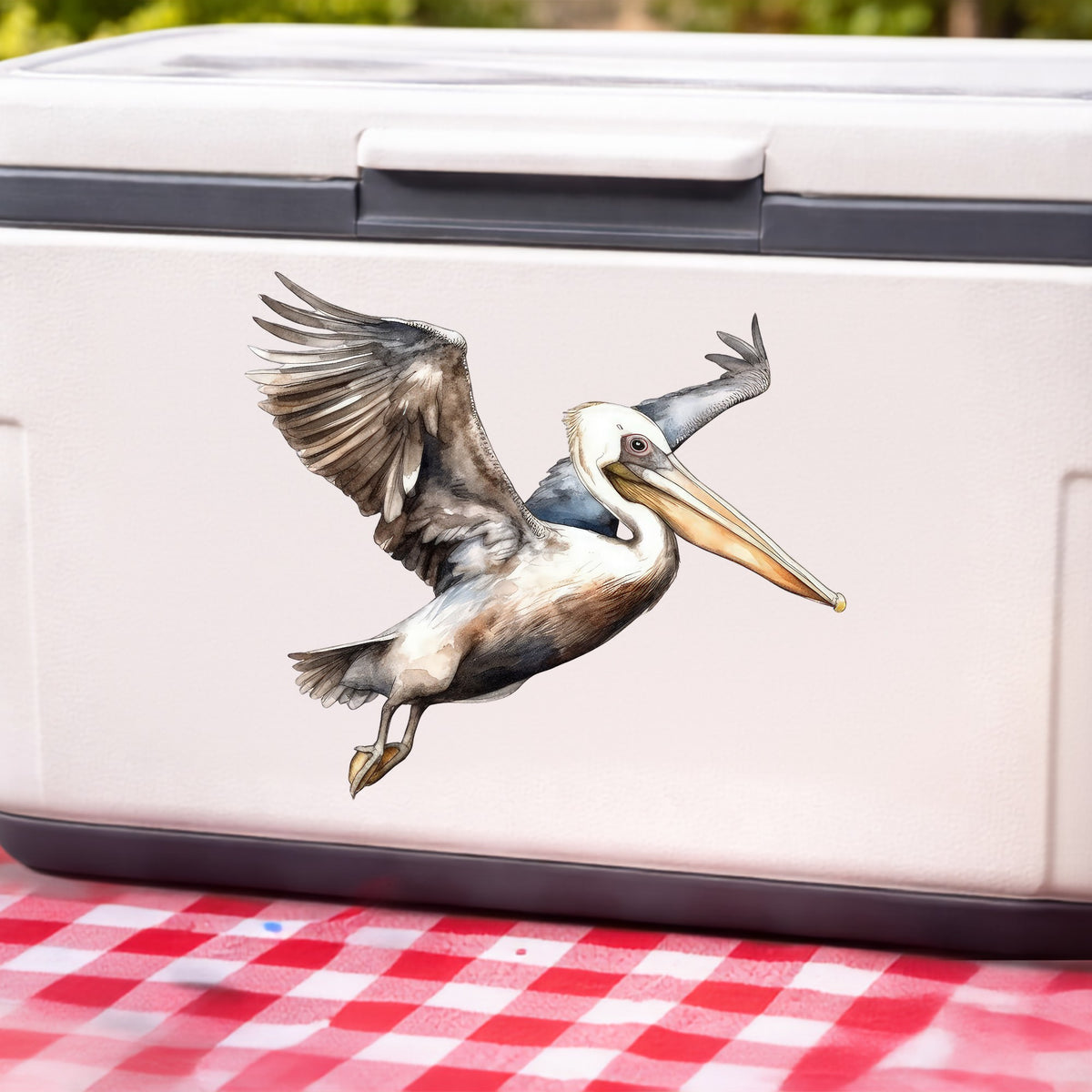Landing Pelican UV DTF sticker applied to a white cooler