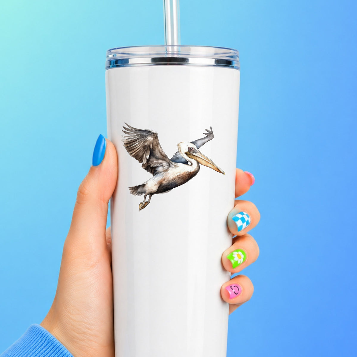 Landing Pelican UV DTF sticker applied to a white tumbler