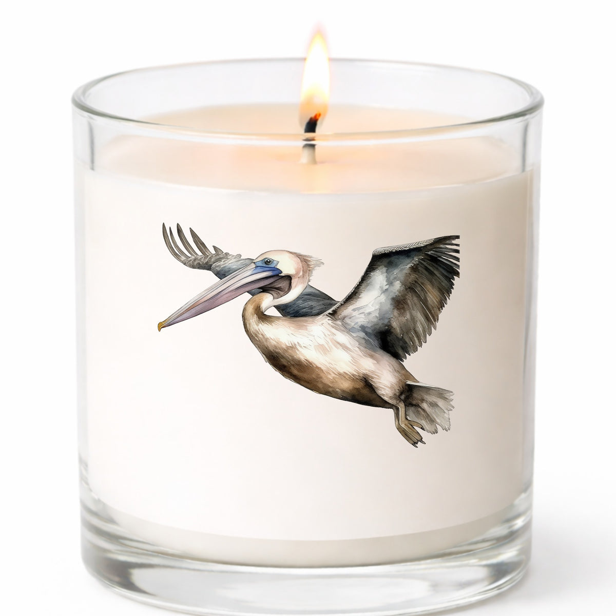 Pelican In Flight UV DTF sticker applied to a candle jar