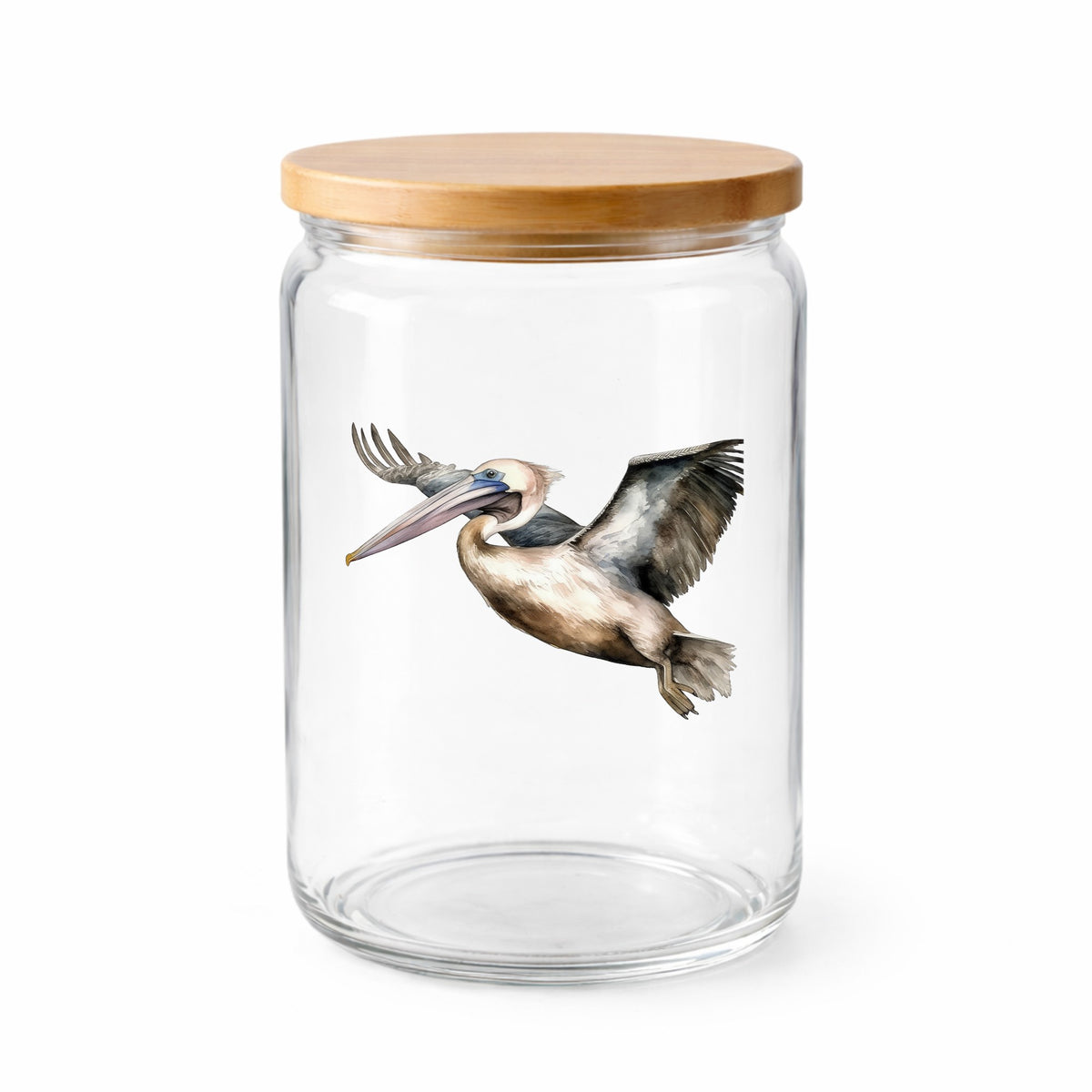 Pelican In Flight UV DTF sticker applied to a clear glass jar with lid