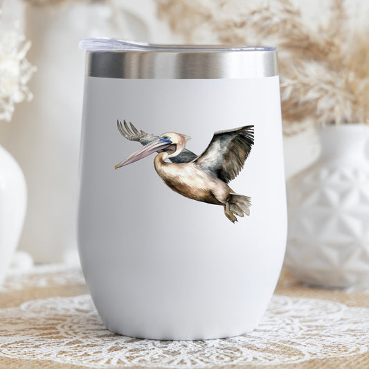 Pelican In Flight UV DTF sticker applied to a stemless wine glass