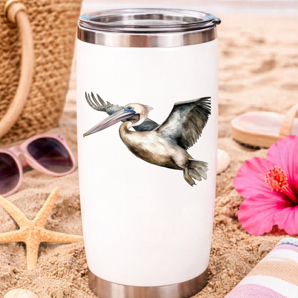Pelican In Flight UV DTF sticker applied to a water bottle at the beach