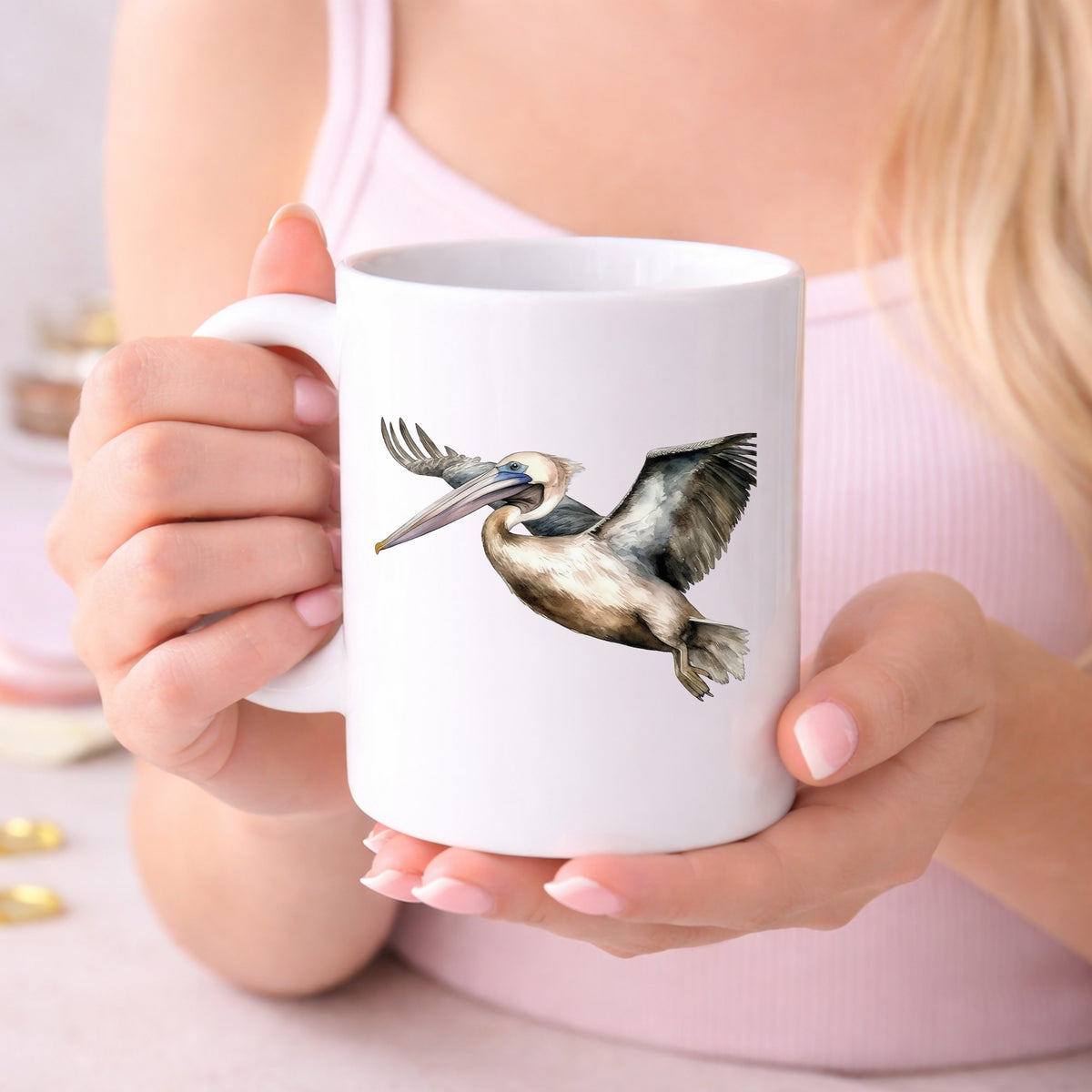 Pelican In Flight UV DTF sticker displayed on a white coffee mug