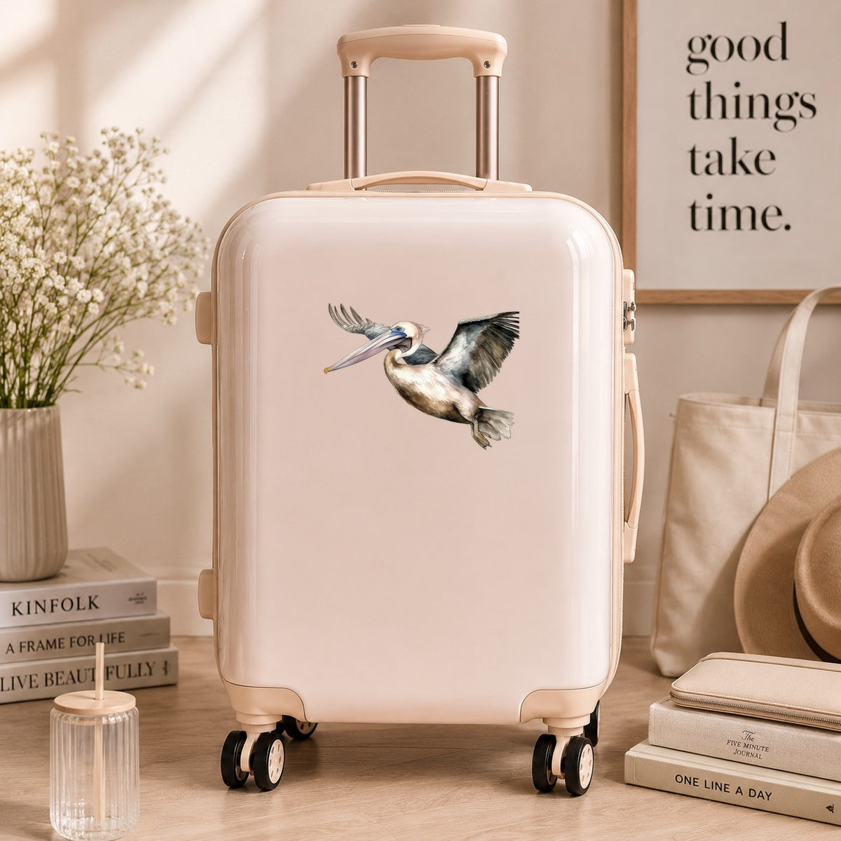 Pelican In Flight UV DTF sticker applied to a neutral suitcase