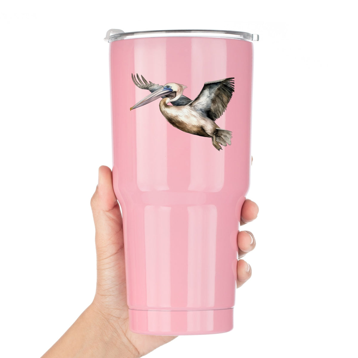 Pelican In Flight UV DTF sticker applied to a pink tumbler
