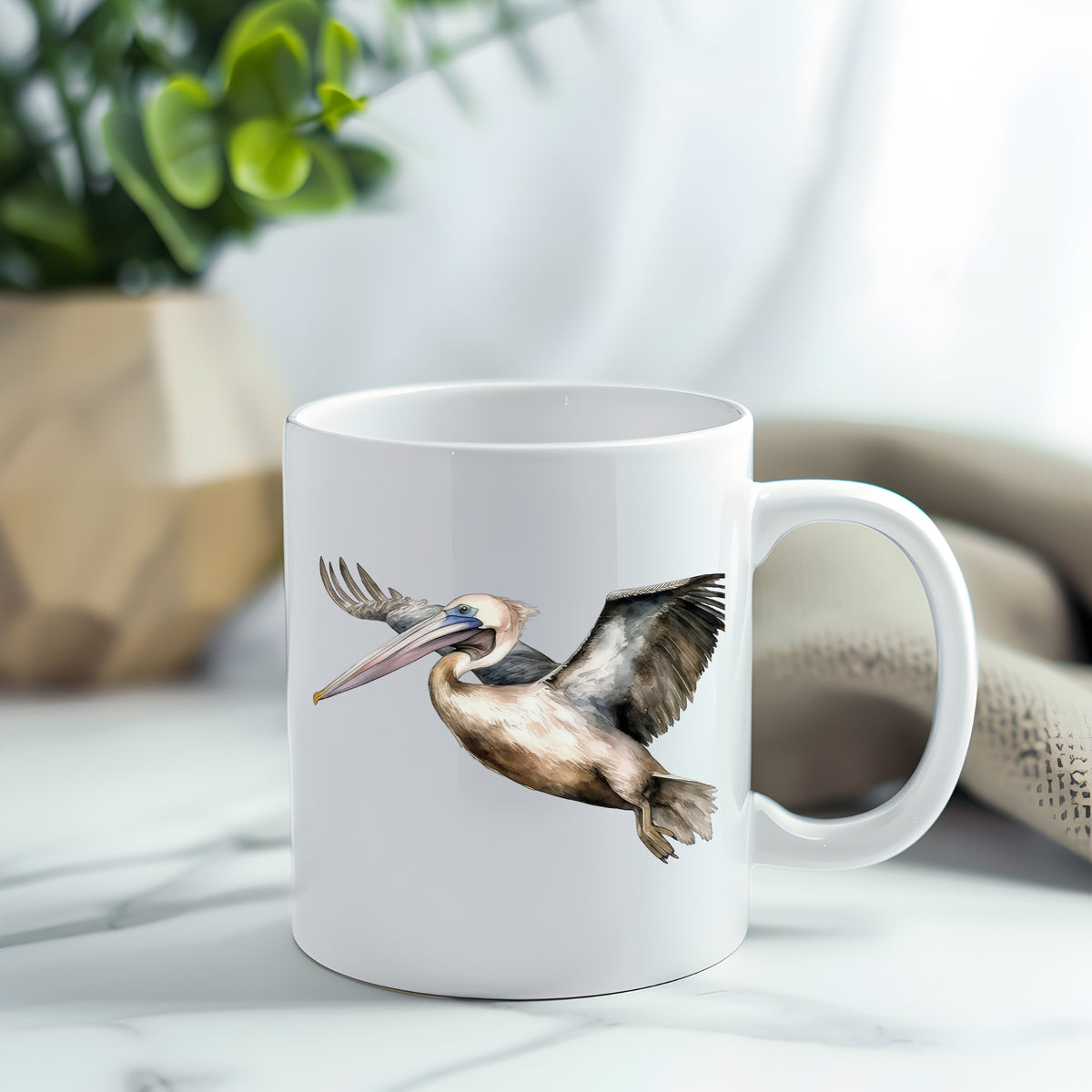 Pelican In Flight UV DTF sticker applied to a white coffee mug