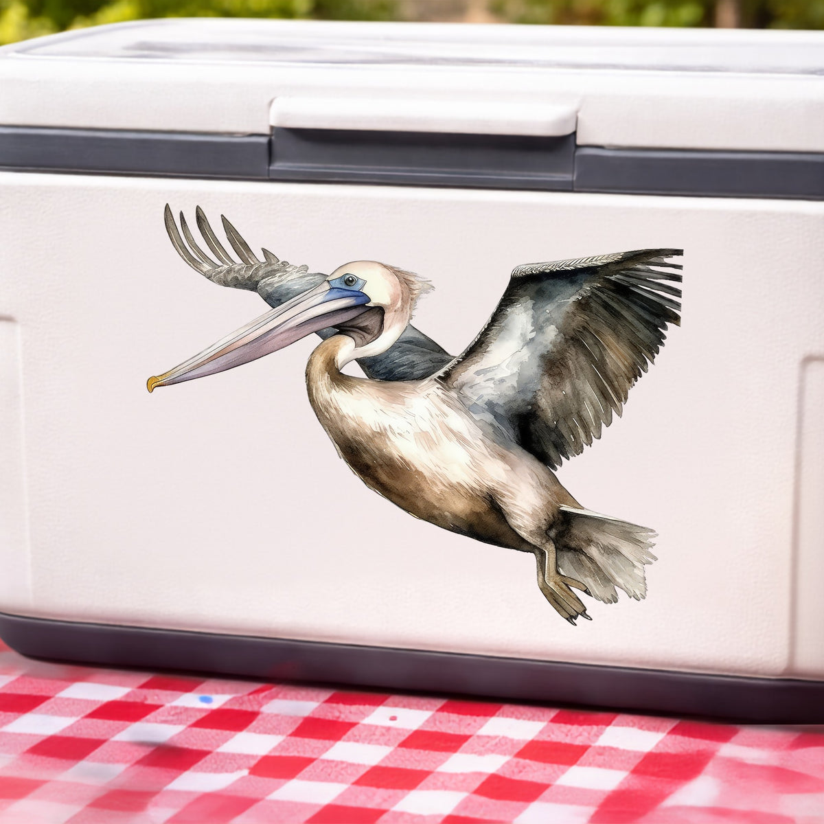 Pelican In Flight UV DTF sticker applied to a white cooler