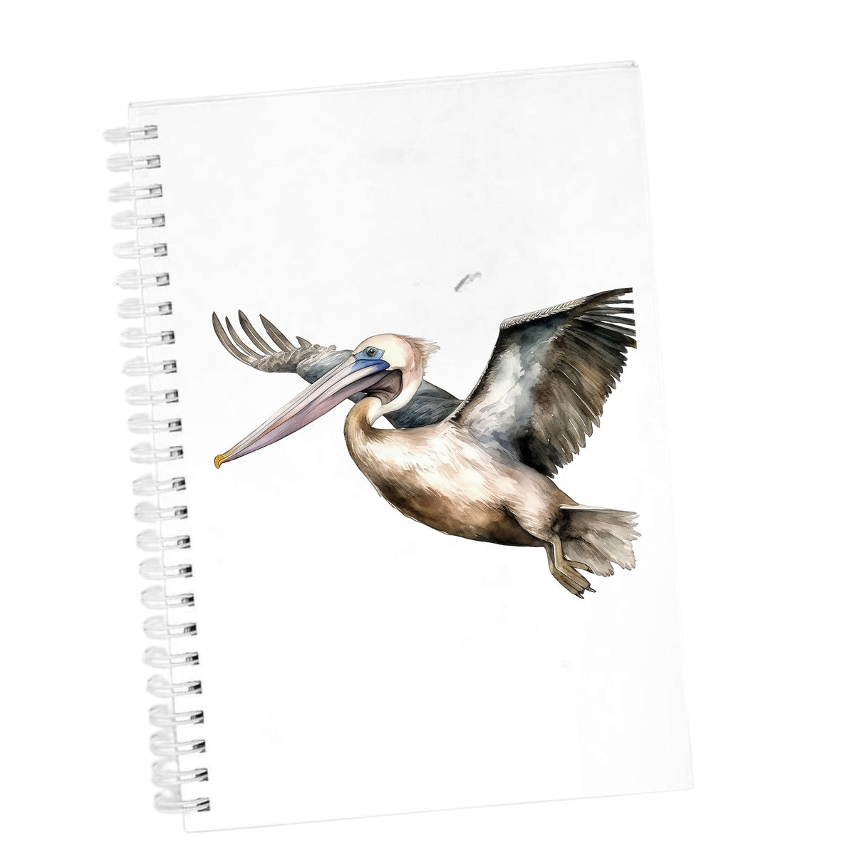 Pelican In Flight UV DTF sticker applied to a white journal