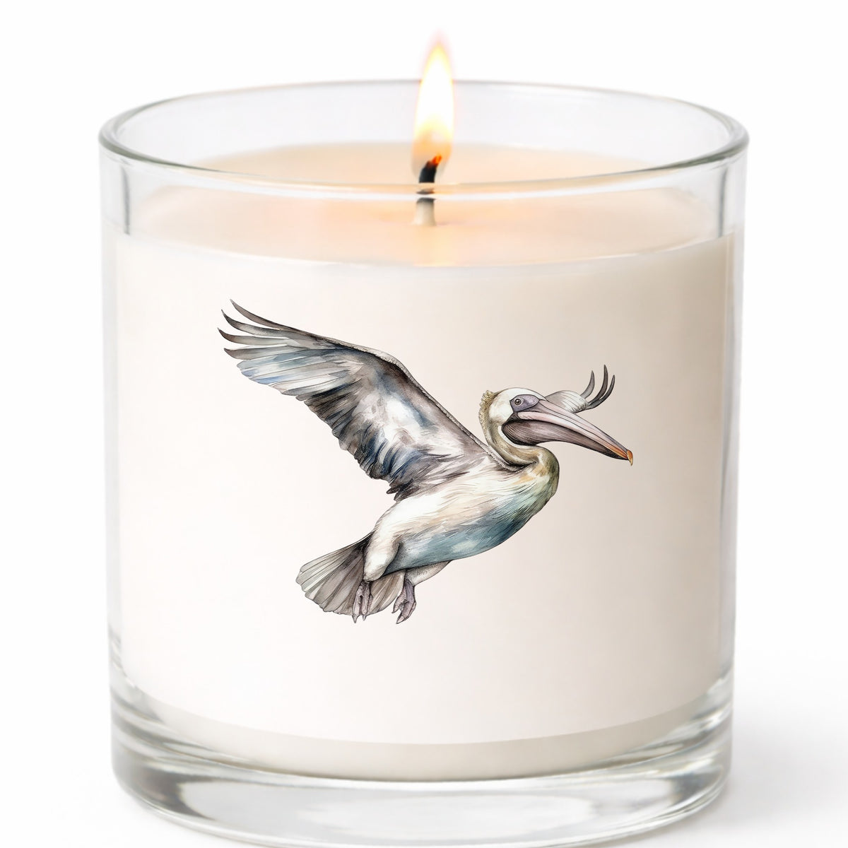 Pale Blue Pelican UV DTF sticker applied to a candle jar