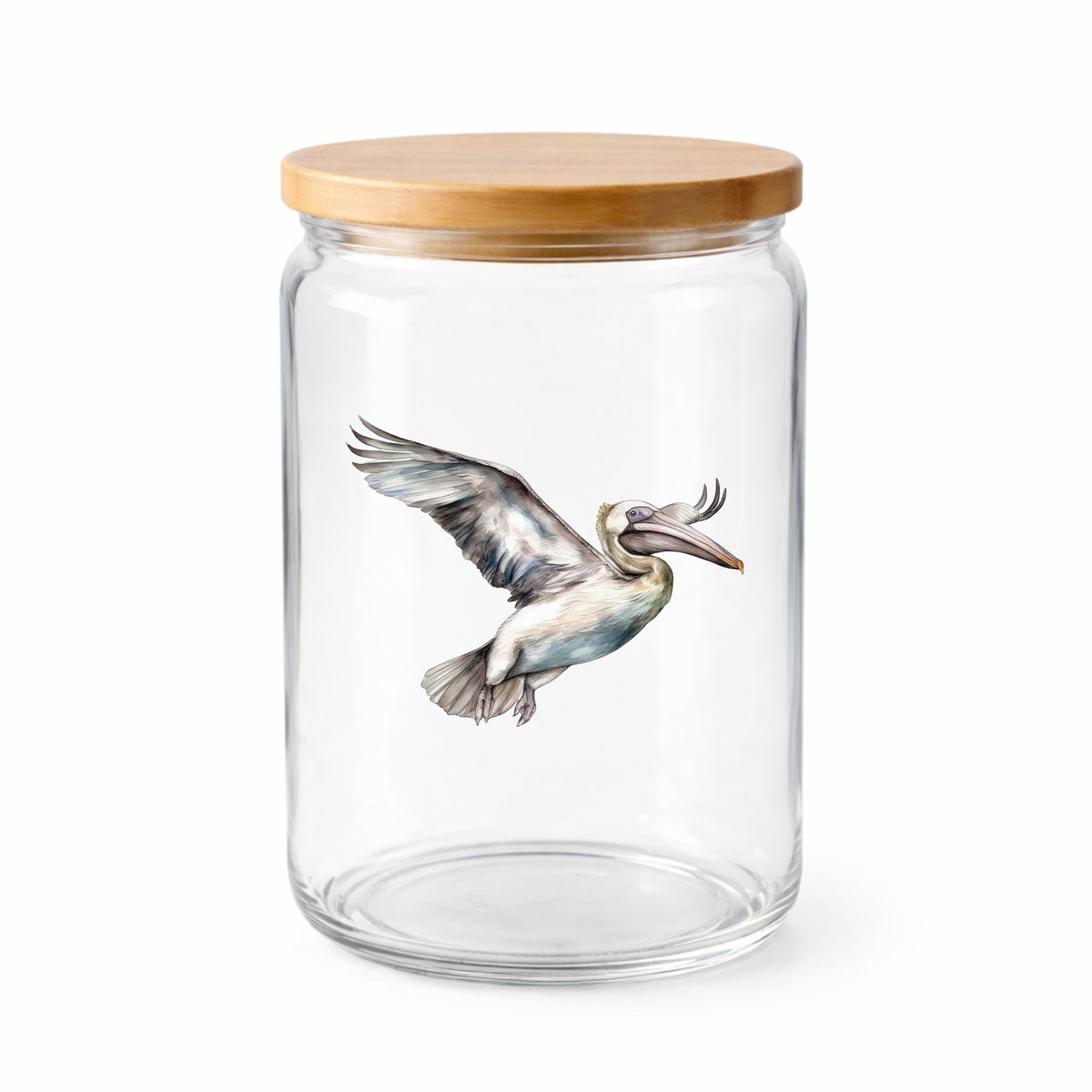 Pale Blue Pelican UV DTF sticker applied to a clear glass jar with lid