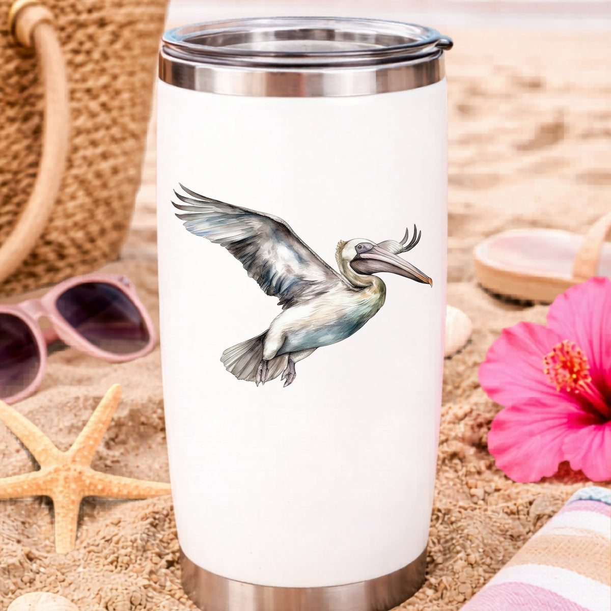 Pale Blue Pelican UV DTF sticker applied to a water bottle at the beach