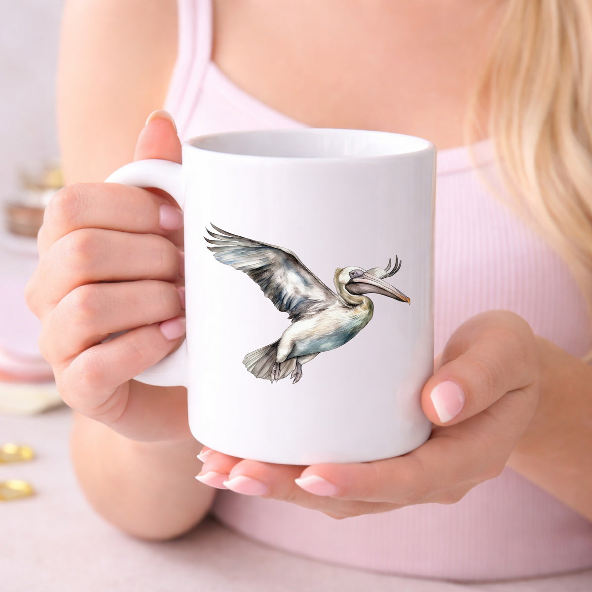 Pale Blue Pelican UV DTF sticker displayed on a white coffee mug