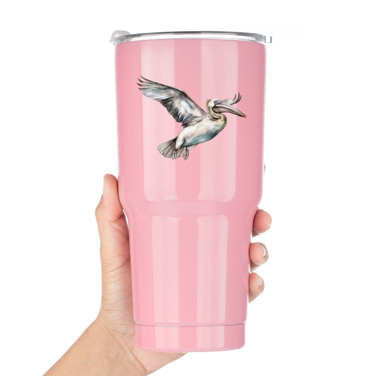 Pale Blue Pelican UV DTF sticker applied to a pink tumbler